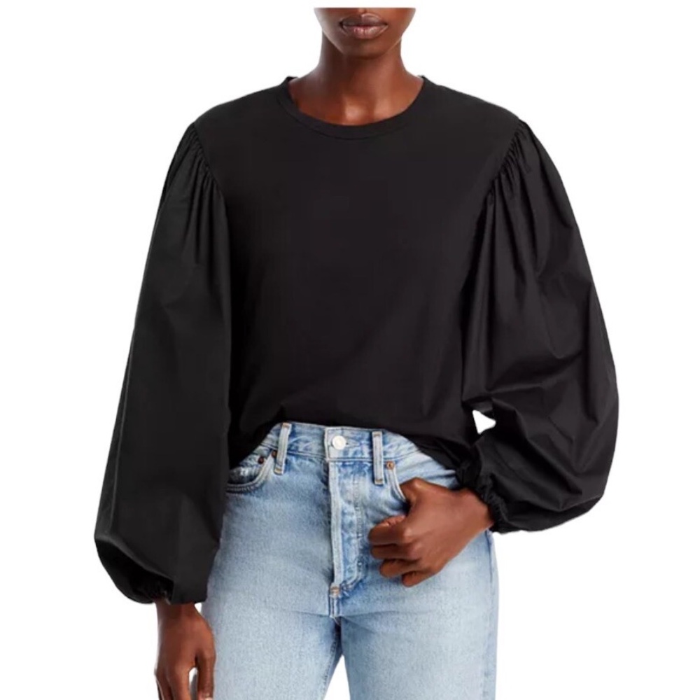 Alc Bella Cotton Long Sleeve Puff Balloon Sleeve Long Sleeve Black Blouse - Xl